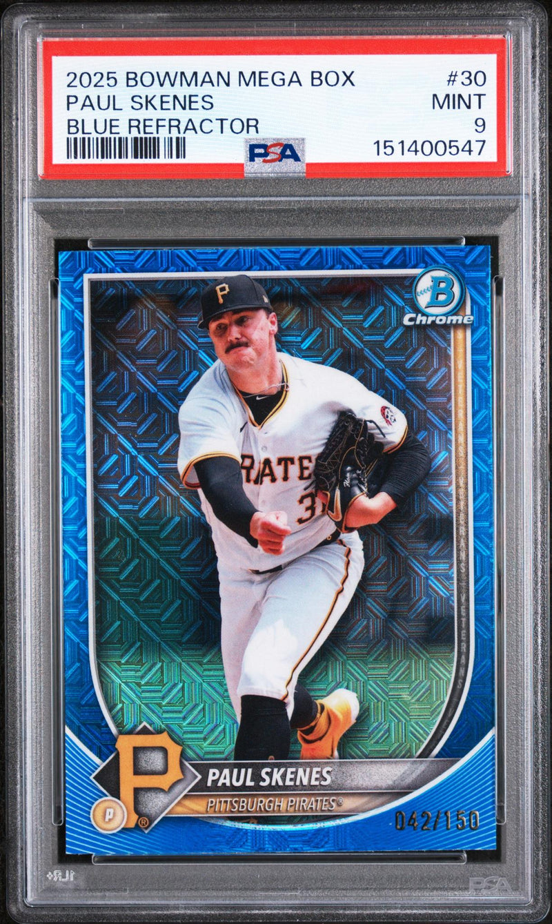 2025 Bowman Chrome Bowman Mega Box Blue Refractors Paul Skenes #30 /150 PSA 9