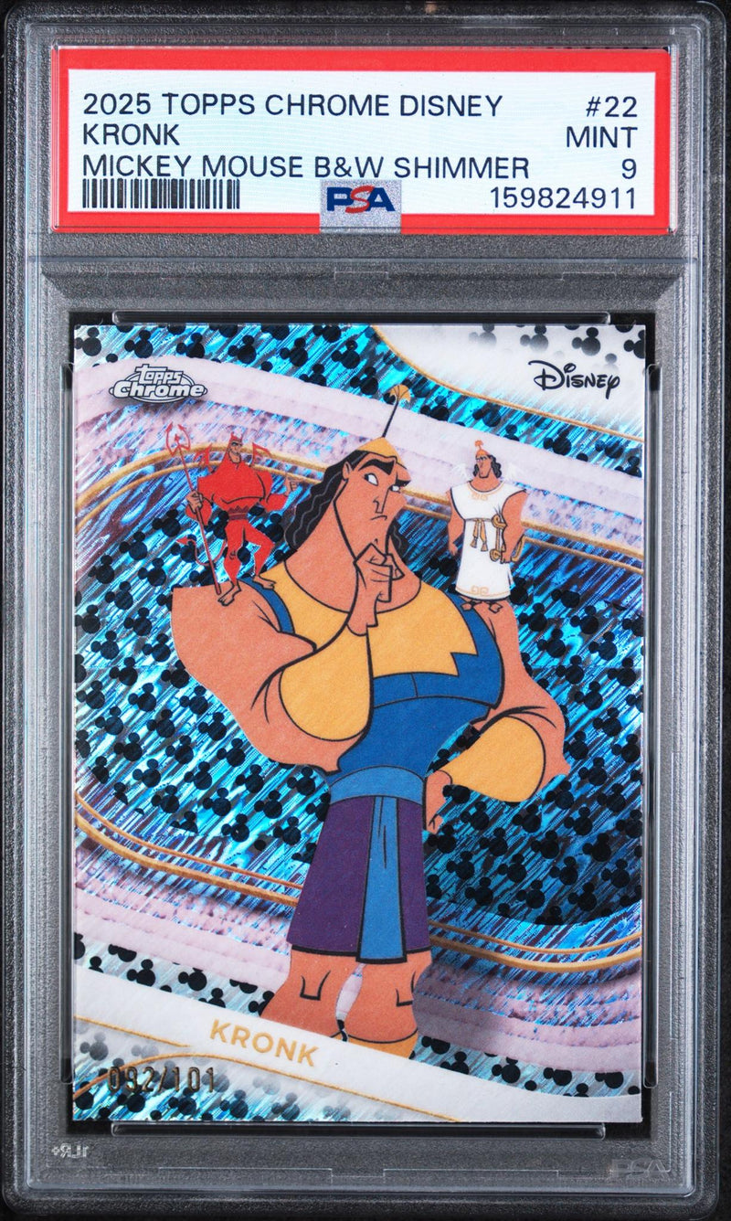 2025 Topps Chrome Disney Mickey Mouse Black & White Shimmer Kronk #22 /101 PSA 9