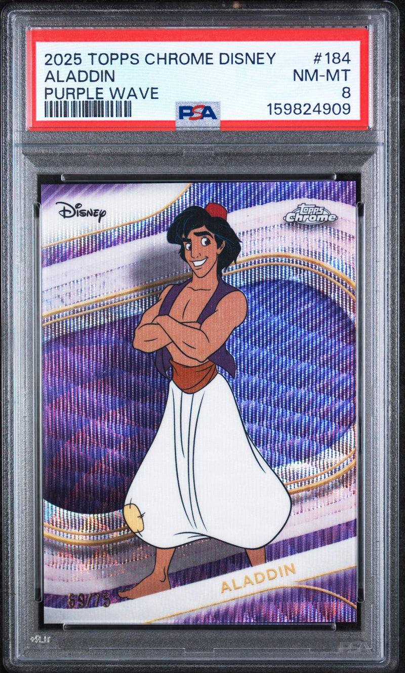 2025 Topps Chrome Disney Purple Wave Aladdin #184 /75 PSA 8