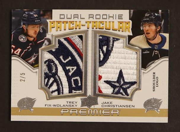 2020 Upper Deck Premier Trey Fix-Wolansky Jake Christiansen Dual Rookie Patch-Tacular Rookie /5 Columbus Blue Jackets