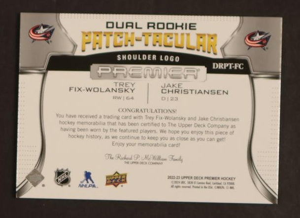 2020 Upper Deck Premier Trey Fix-Wolansky Jake Christiansen Dual Rookie Patch-Tacular Rookie /5 Columbus Blue Jackets
