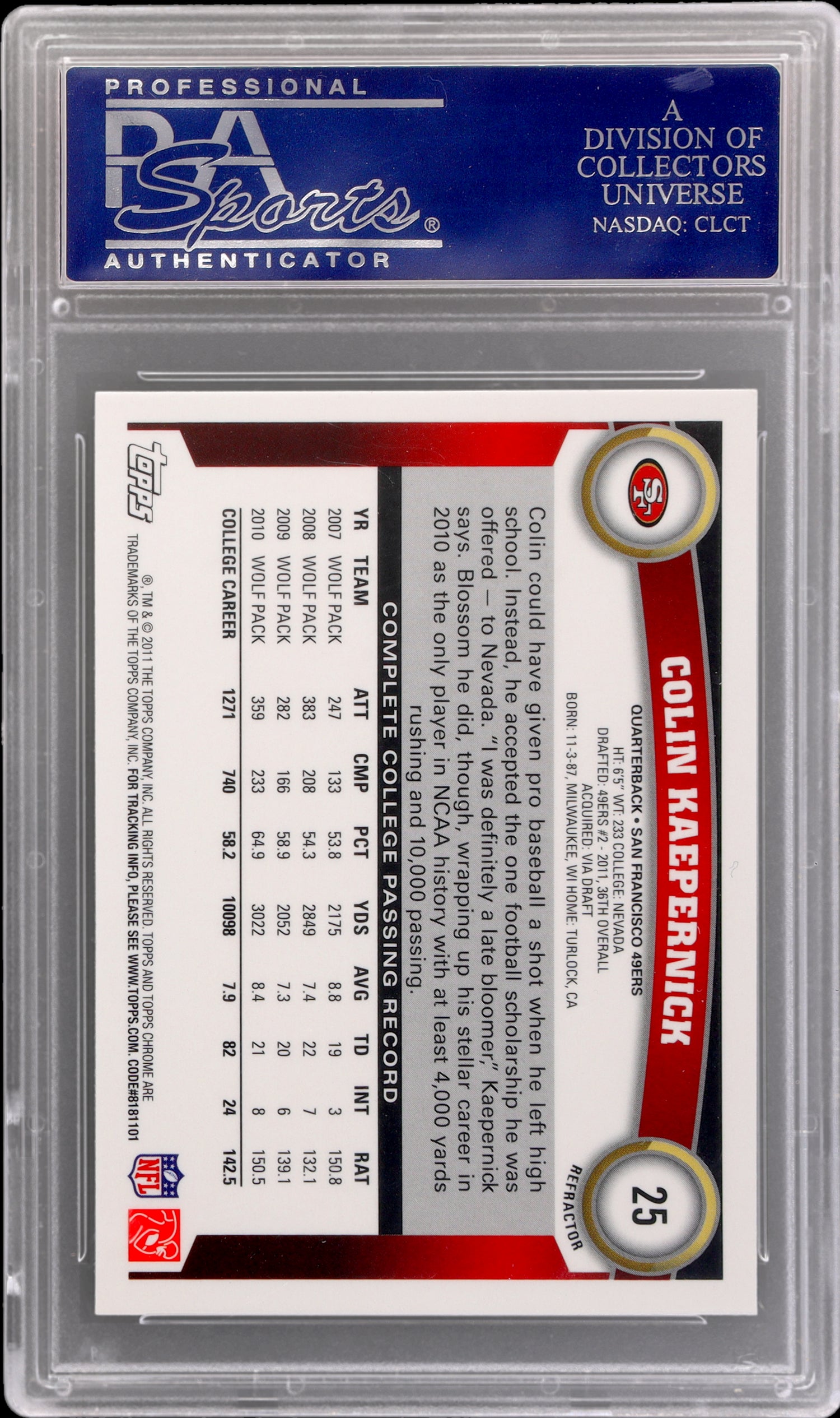 2011 Topps Chrome Passing Refractor Colin Kaepernick #25 RC PSA 9