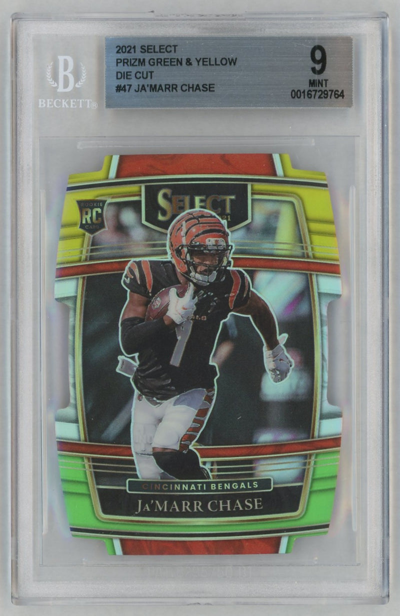 2021 Panini Select Concourse Green and Yellow Die Cut Prizm Ja'Marr Chase #47 /5 BGS 9