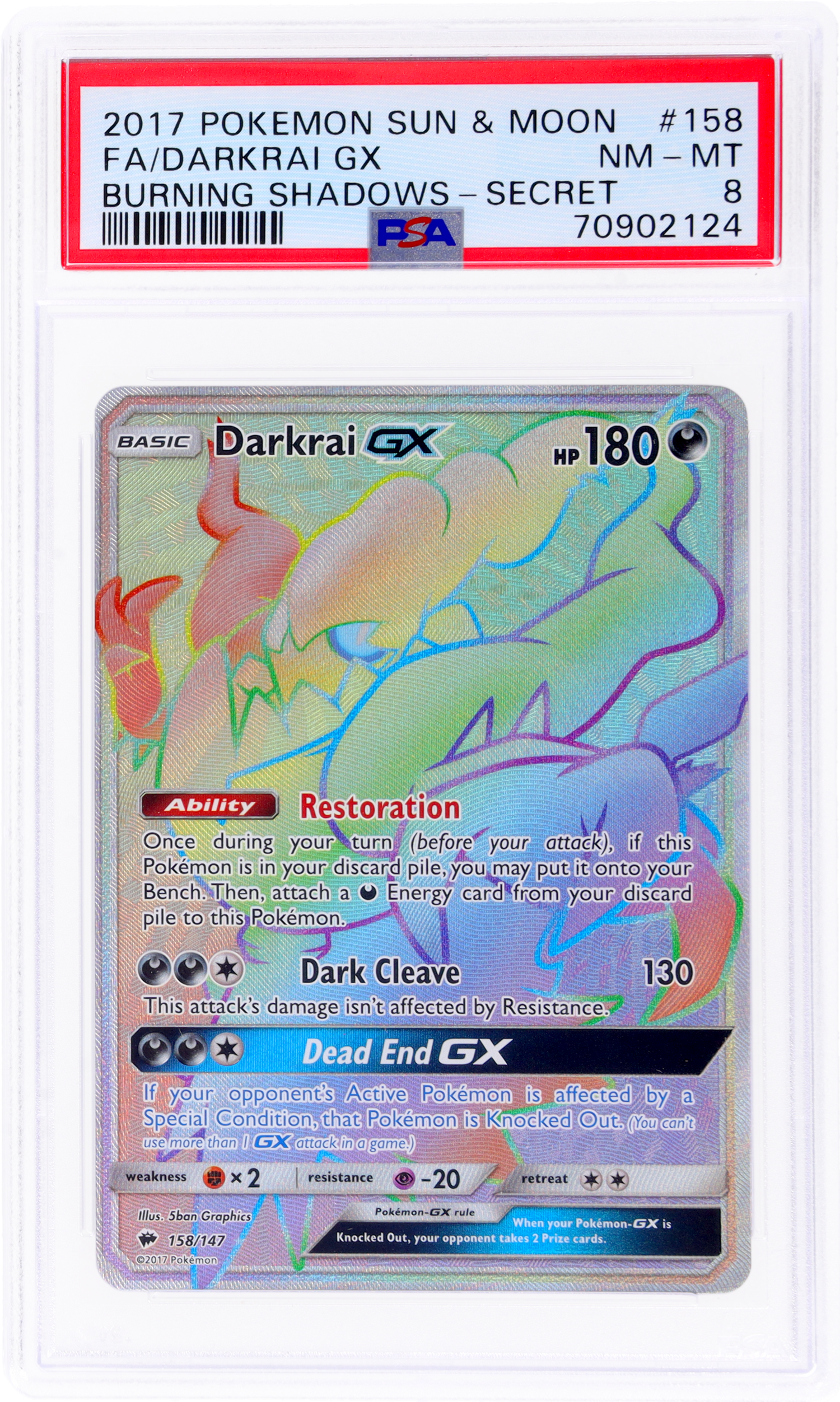 2017 Pokemon Sun and Moon Burning Shadows Scr Darkrai Gx #158 PSA 8