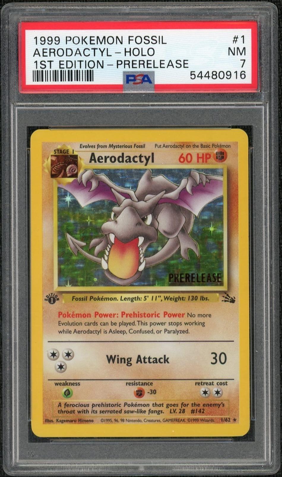 aerodactyl pokemon card 1999 Pokemon Fossil 1st Edition Prerelease Holo Aerodactyl #1 PSA 7 –  Monmouth Sports Cards
