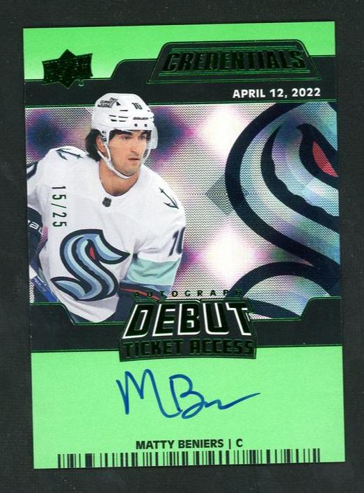 2022 Upper Deck Credentials Matty Beniers Debut Ticket Access Rookie Auto /25