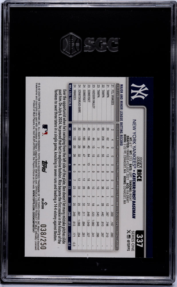 2025 Topps Series 1 Purple Holo Foil Ben Rice #337 RC /250 SGC 10