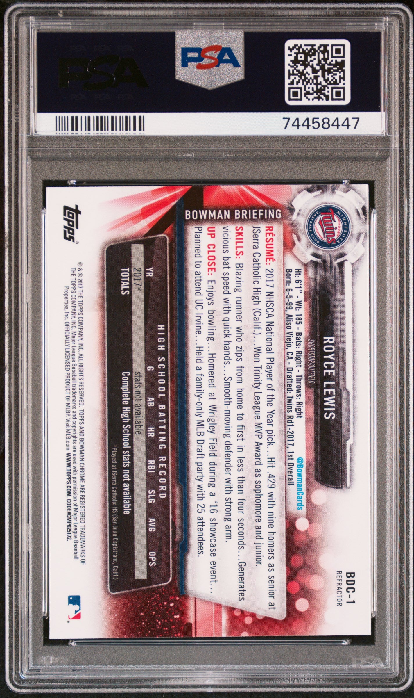 2017 Bowman Draft Chrome Refractor Royce Lewis #BDC-1 PSA 9