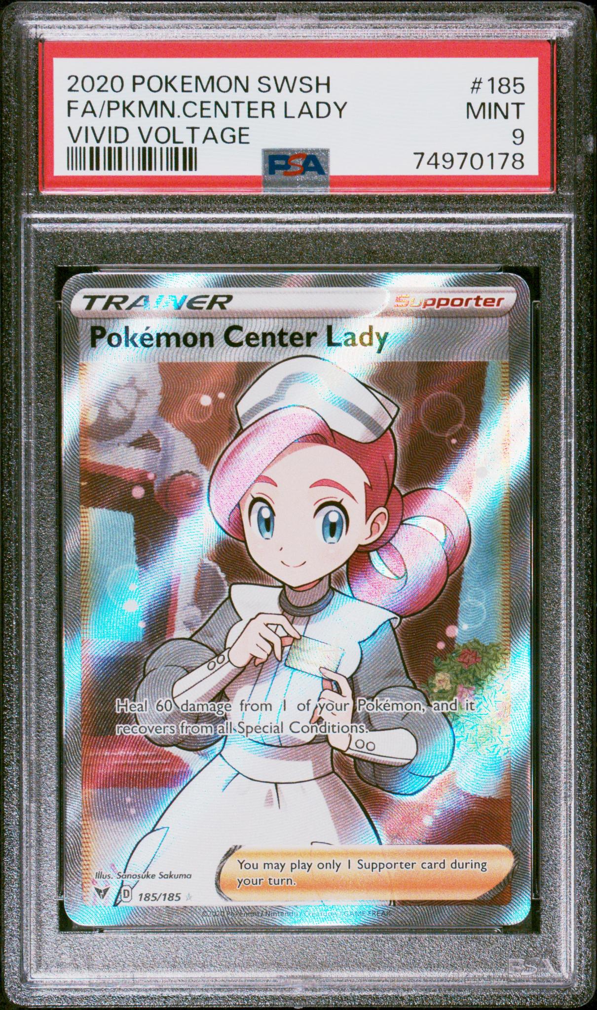 2020 Pokémon SWSH Vivid Voltage Trainer Pokémon Center Lady #185 Holo PSA 9