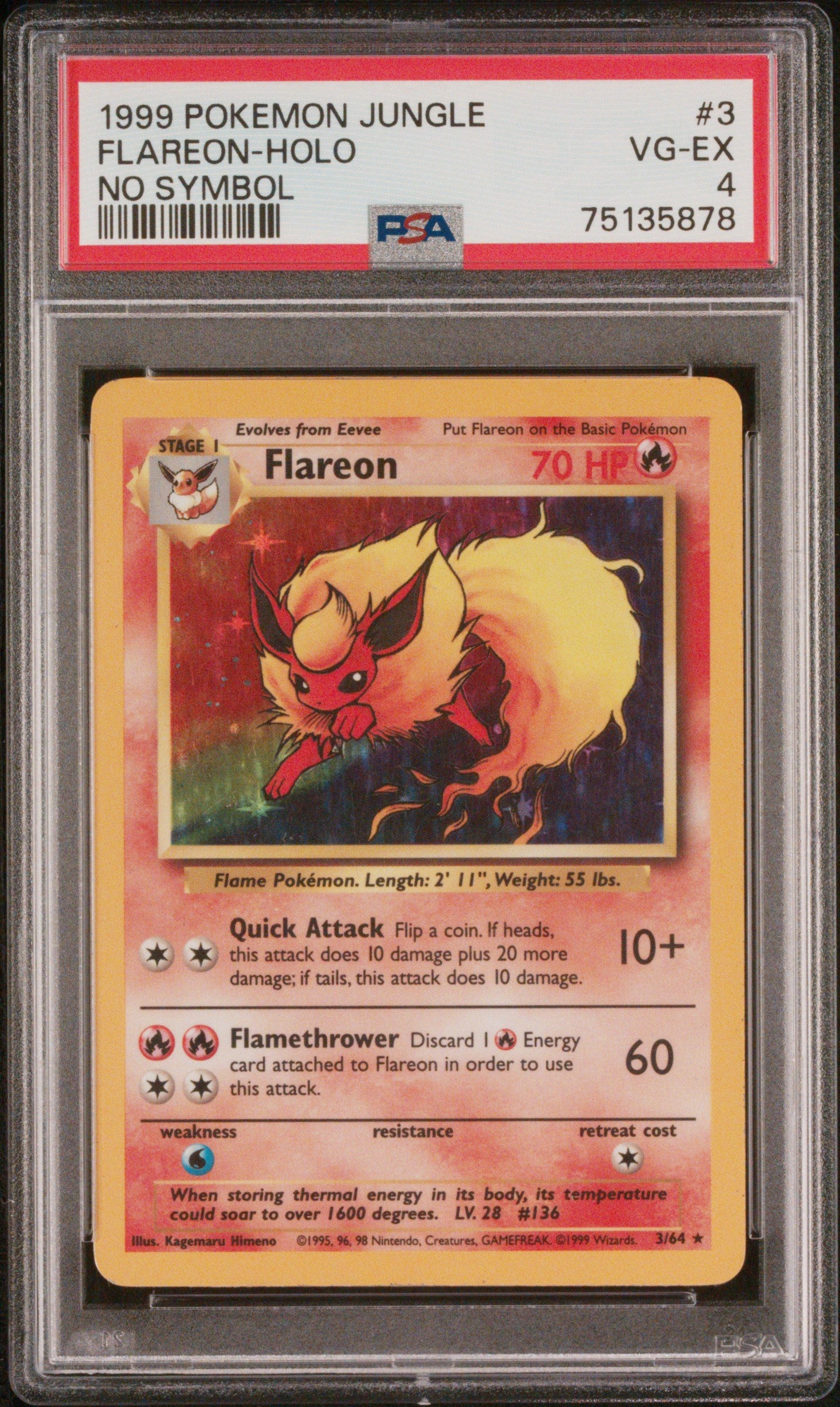 1999 Pokémon Jungle Flareon #3/64 Holo No Symbol PSA 4