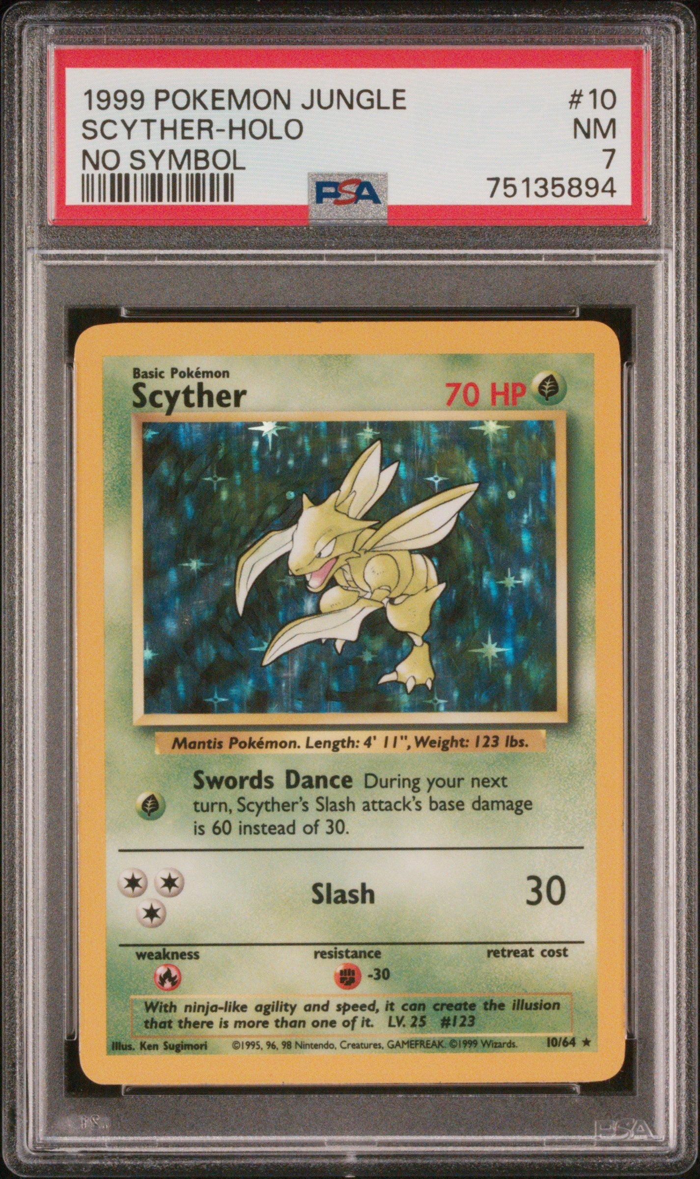1999 Pokémon Jungle Scyther #10/64 Holo PSA 7