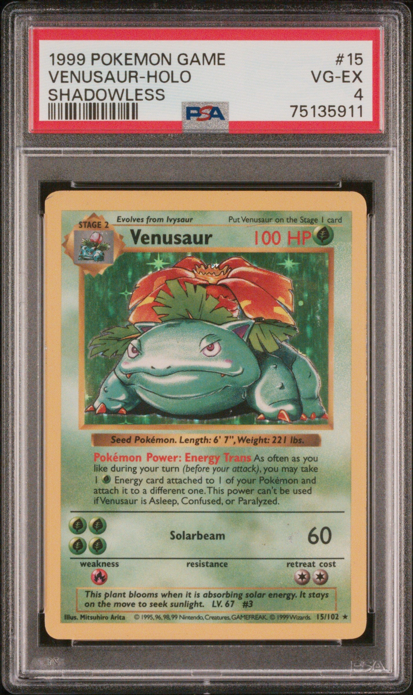 1999 Pokémon Base Set Venusaur #15/102 Holo Shadowless PSA 4