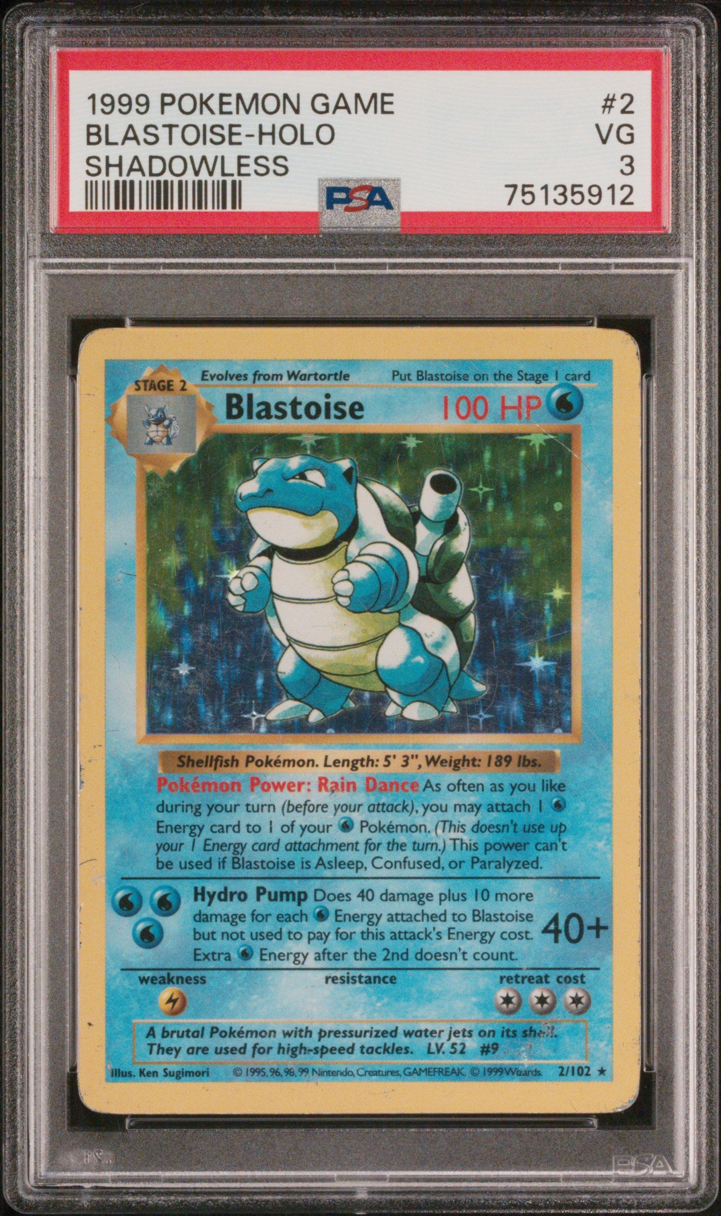 1999 Pokémon Base Set Shadowless Blastoise #2/102 Holo PSA 3