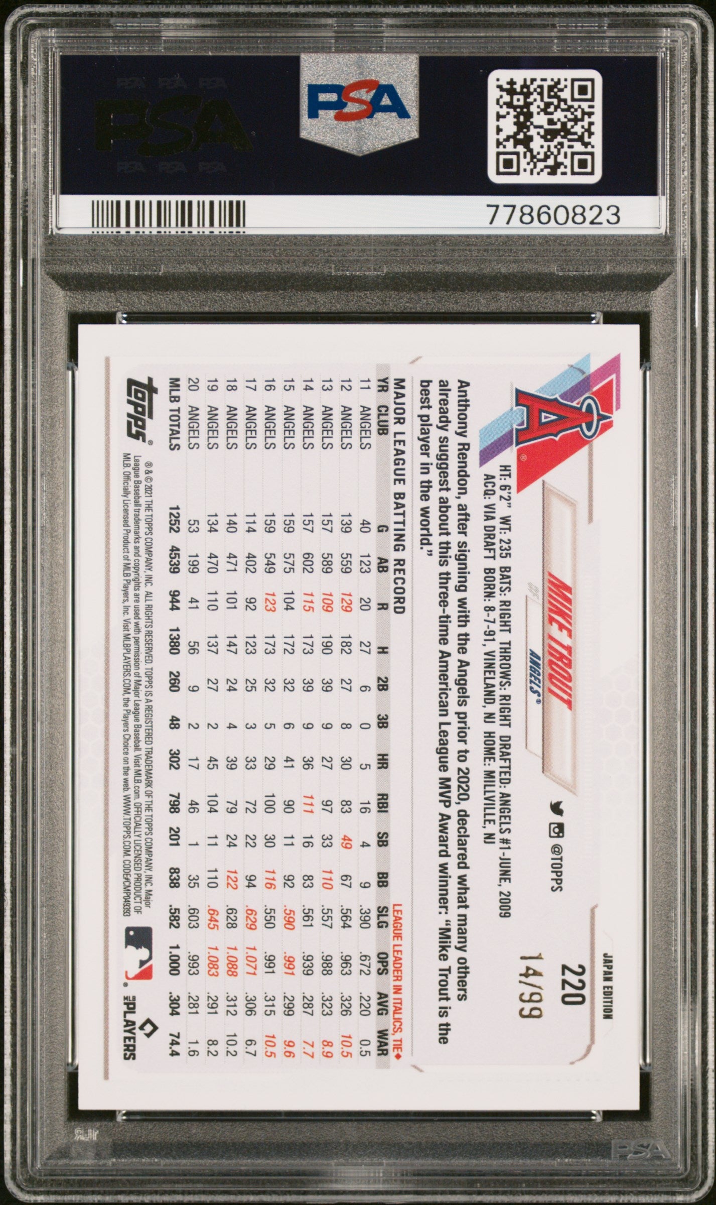 2021 Topps Japan Edition Cherry Blossoms Mike Trout #220 /99 PSA 10