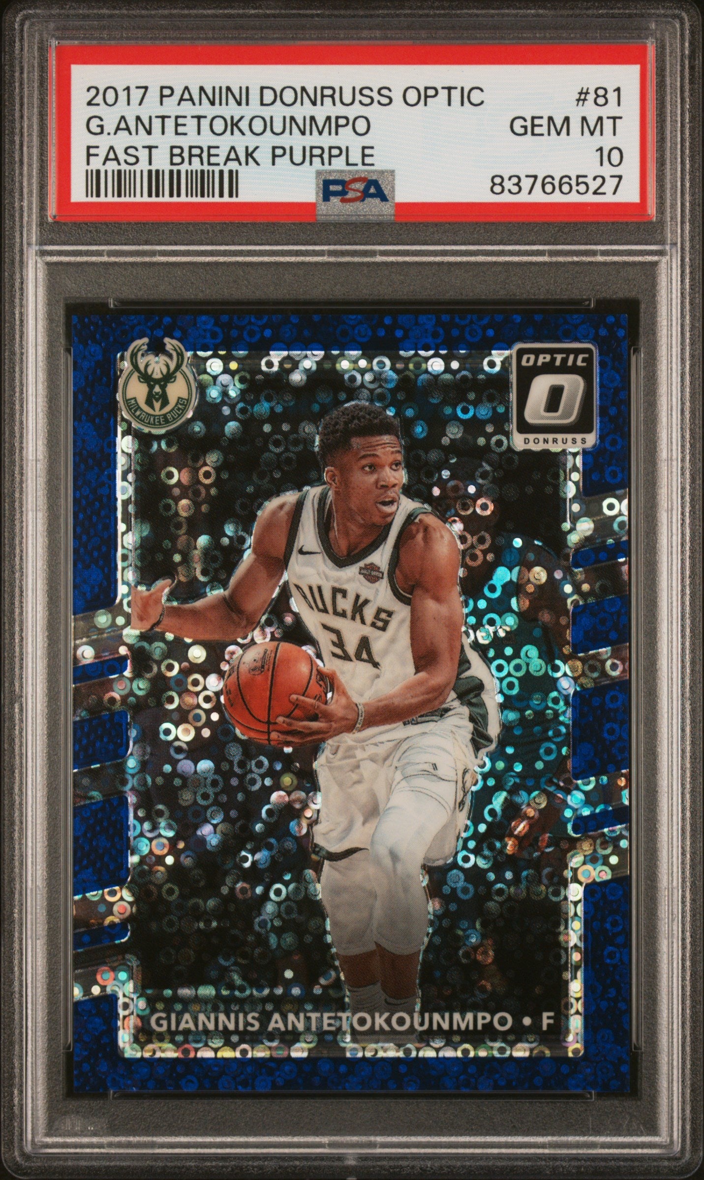 2017 Donruss Optic #81 Giannis Antetokounmpo Fast Break Purple /155 PSA 10