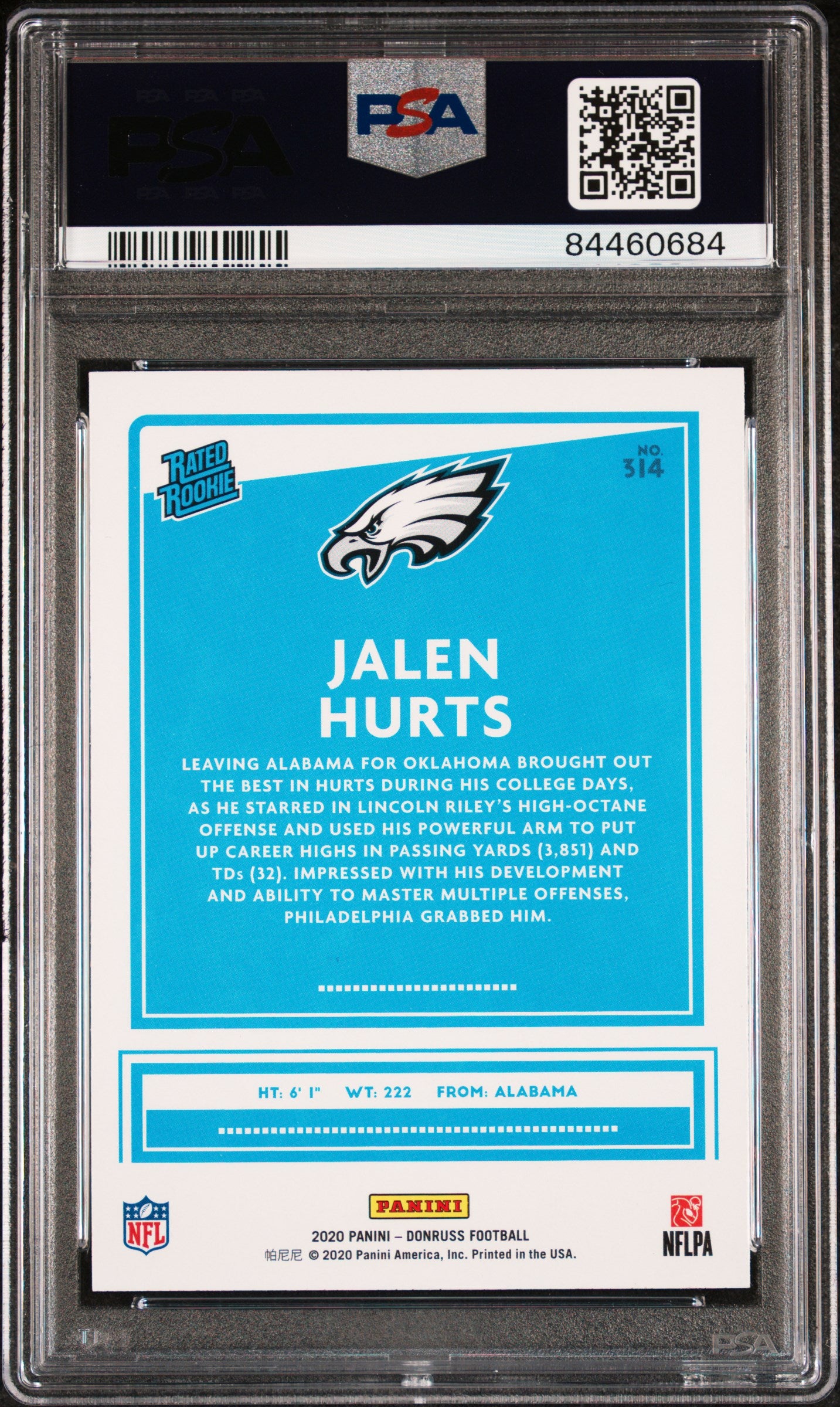2020 Panini Donruss Rated Rookie Jalen Hurts #314 RC PSA 10
