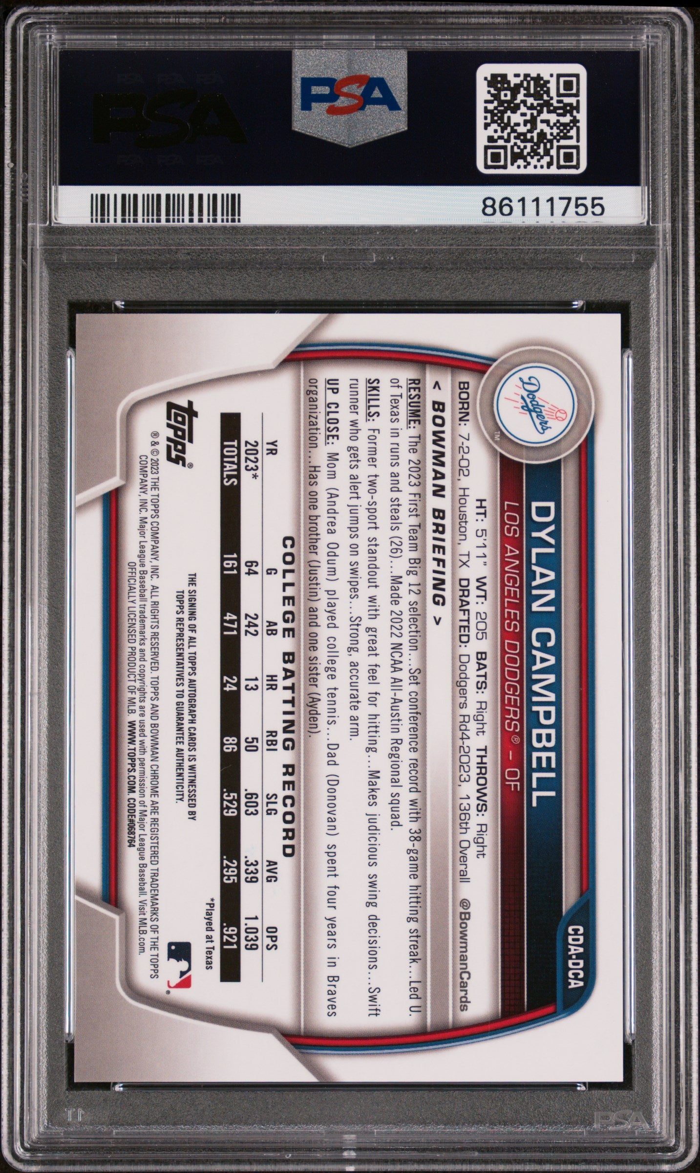 2023 Bowman Draft Chrome Dylan Campbell #CDA-DCA Auto PSA 10