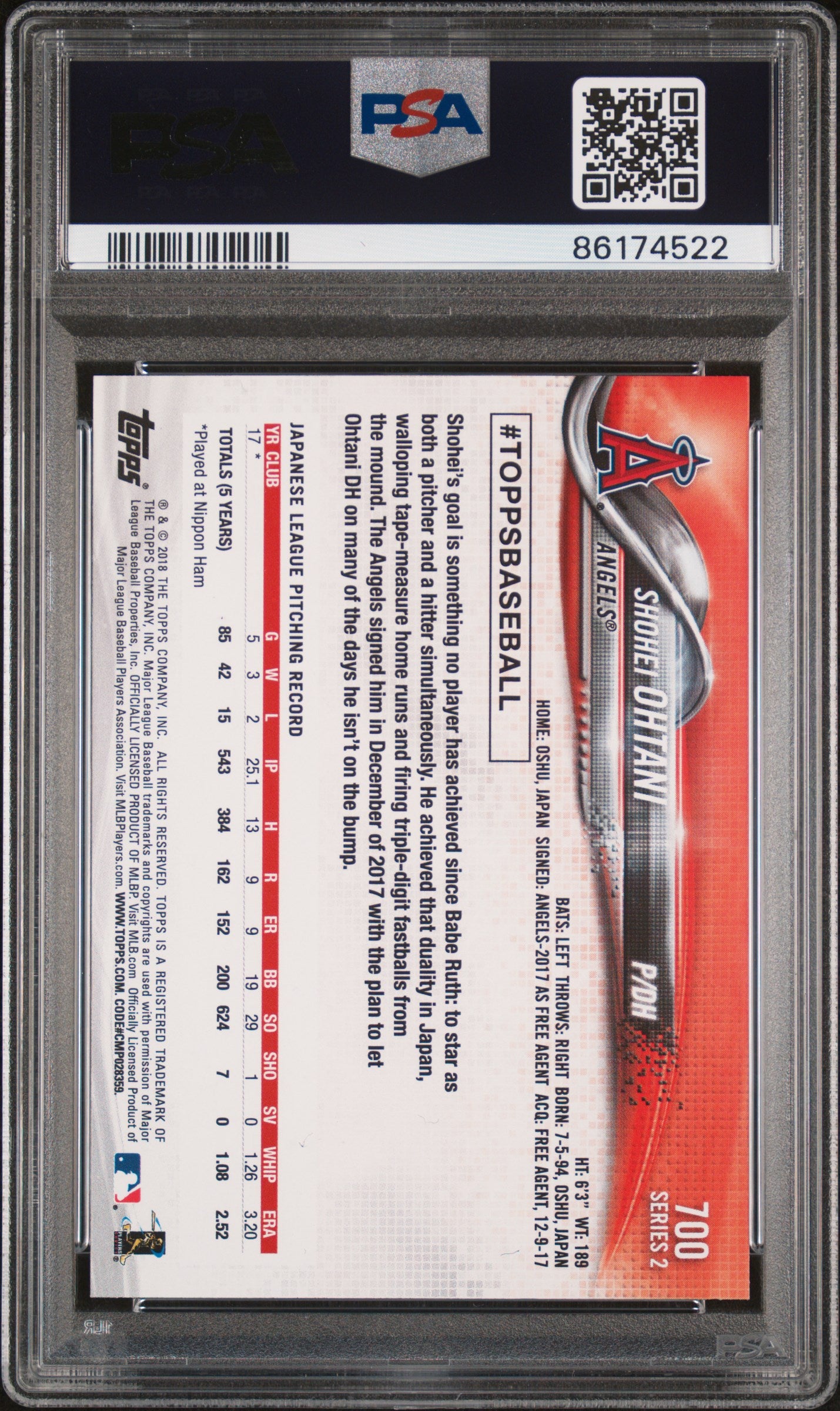 2018 Topps Series 2 Shohei Ohtani #700 RC PSA 10