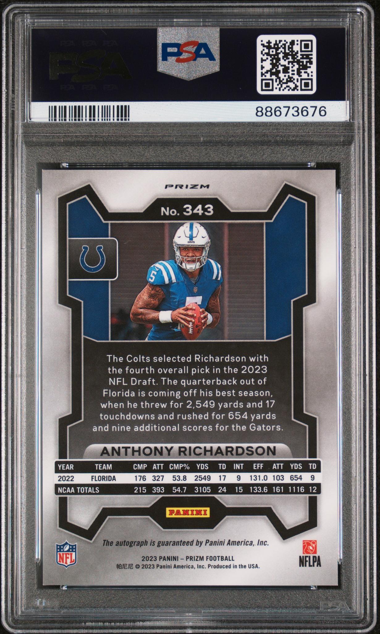 2023 Panini Prizm Anthony Richardson #343 RC Auto PSA 10