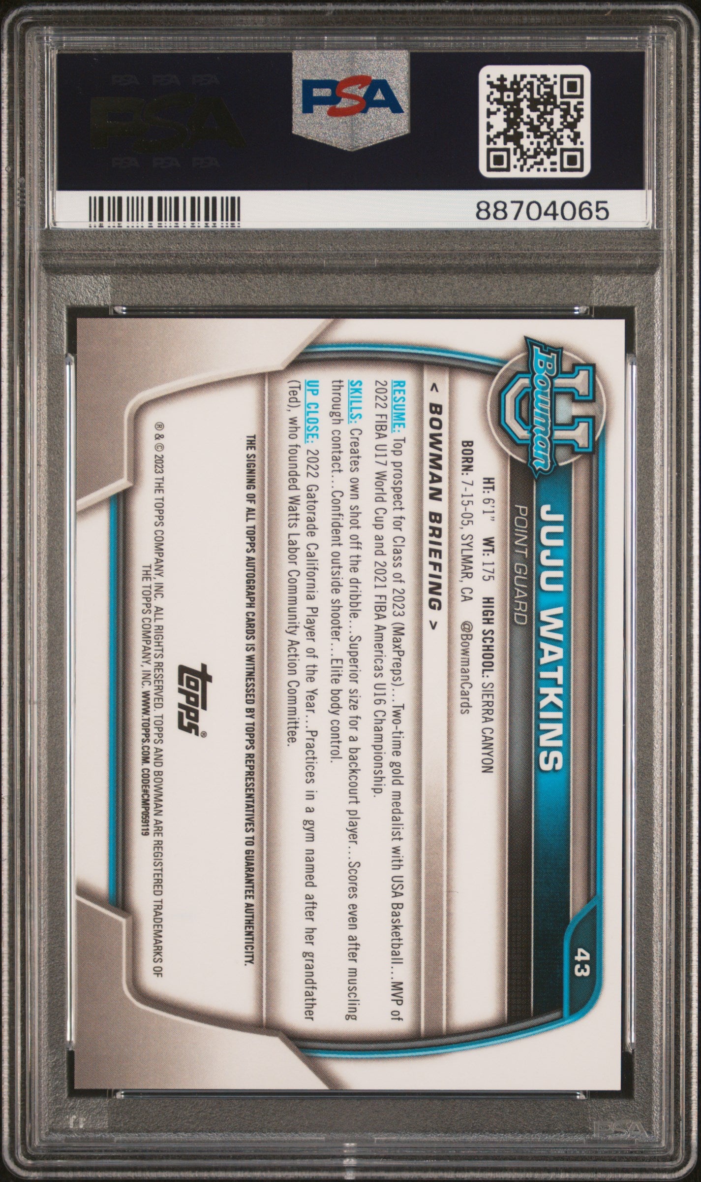 2022 Bowman University Prospect Autograph Juju Watkins #43 1st Bowman PSA 10