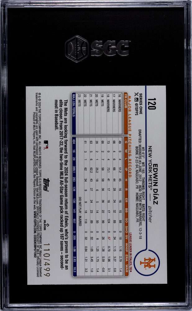 2024 Topps Series 1 Green Crackle Foilboard Edwin Diaz #120 /499 SGC 10