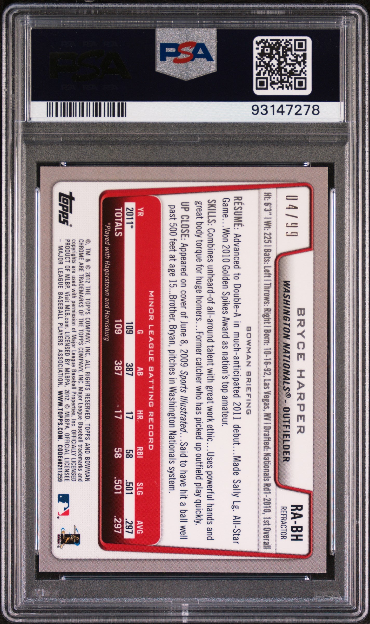 2012 Bowman Chrome Blue Refractor Bryce Harper #RA-BH RC Auto /99 PSA 9