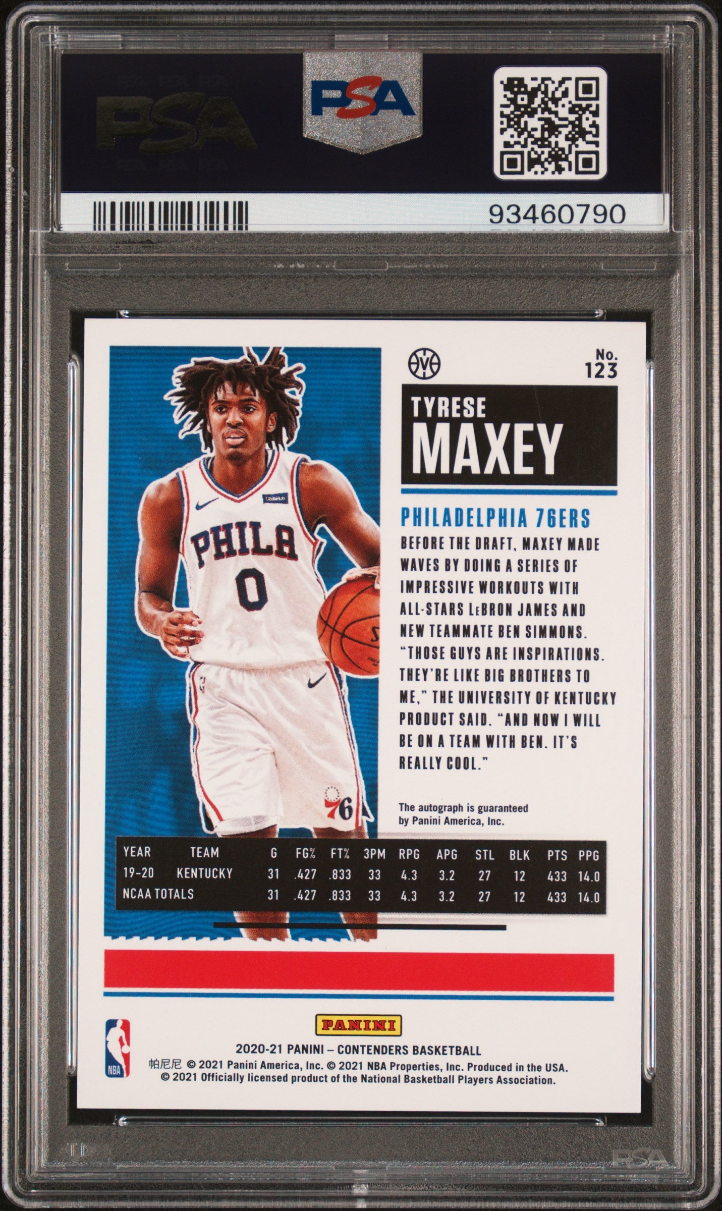 2020 Panini Contenders Finals Ticket Tyrese Maxey #123 RC Auto /49 PSA 9