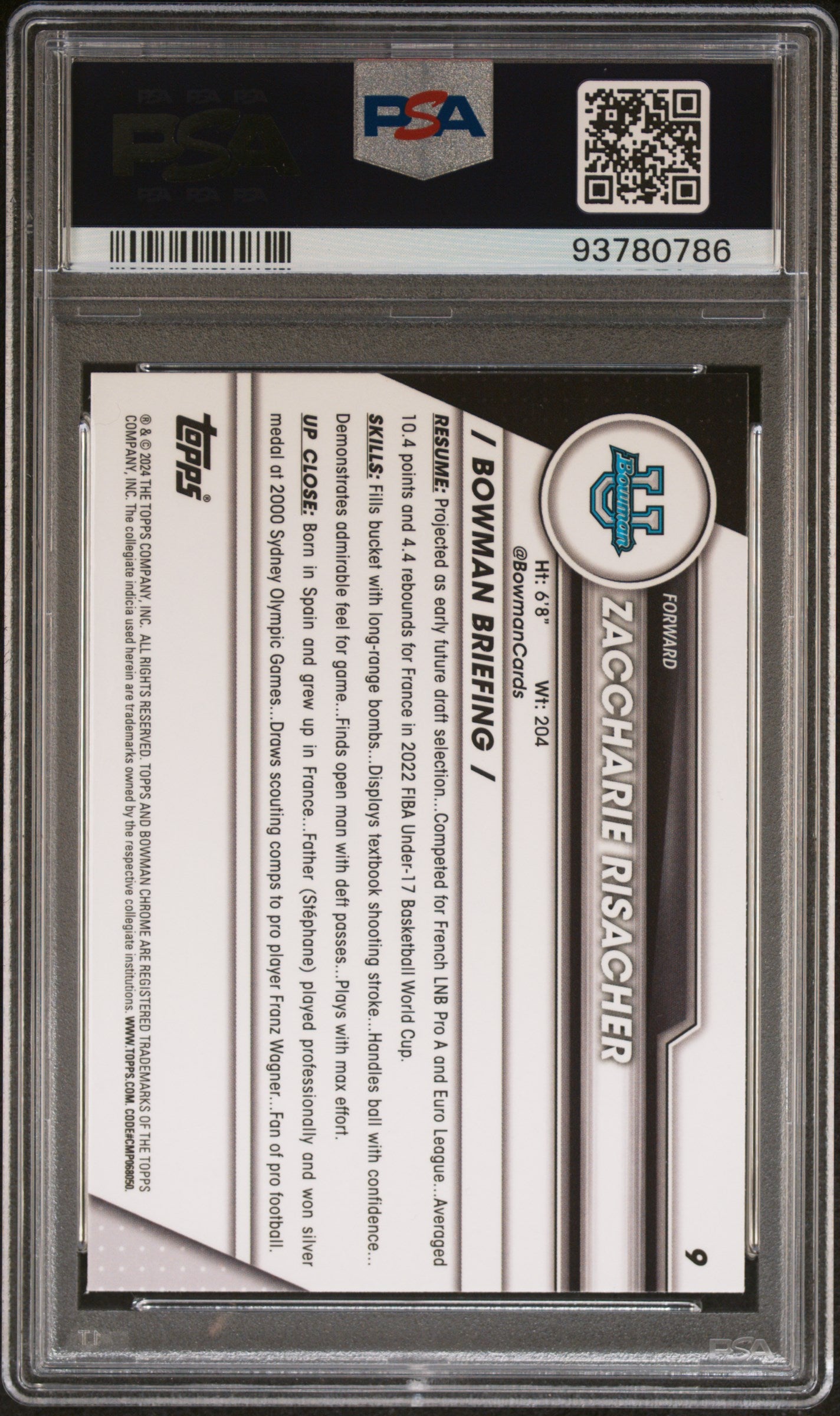 2023 Topps Bowman U Chrome Zaccharie Risacher #9 1st Bowman PSA 10