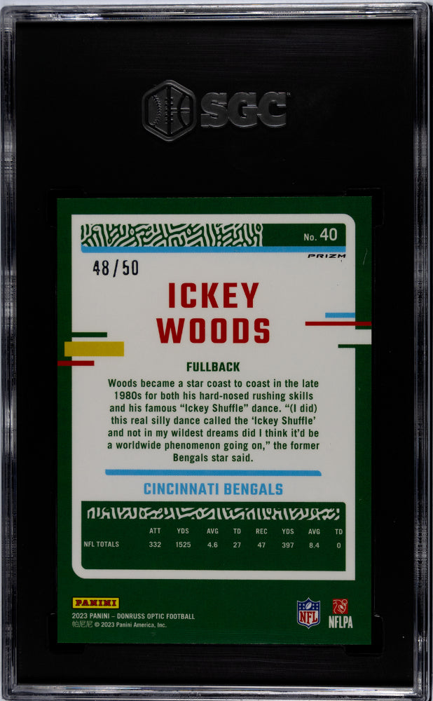 2023 Panini Donruss Optic Purple Prizm Ickey Woods #40 /50 SGC 9