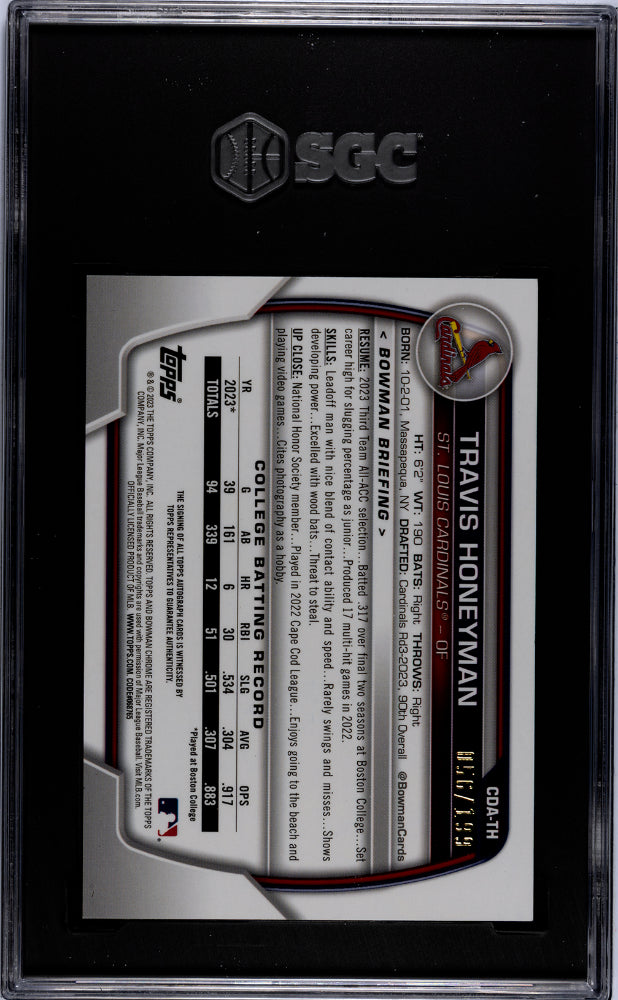 2023 Bowman #CDA-TH Travis Honeyman Chrome Prospect Auto /199 Auto SGC 9.5