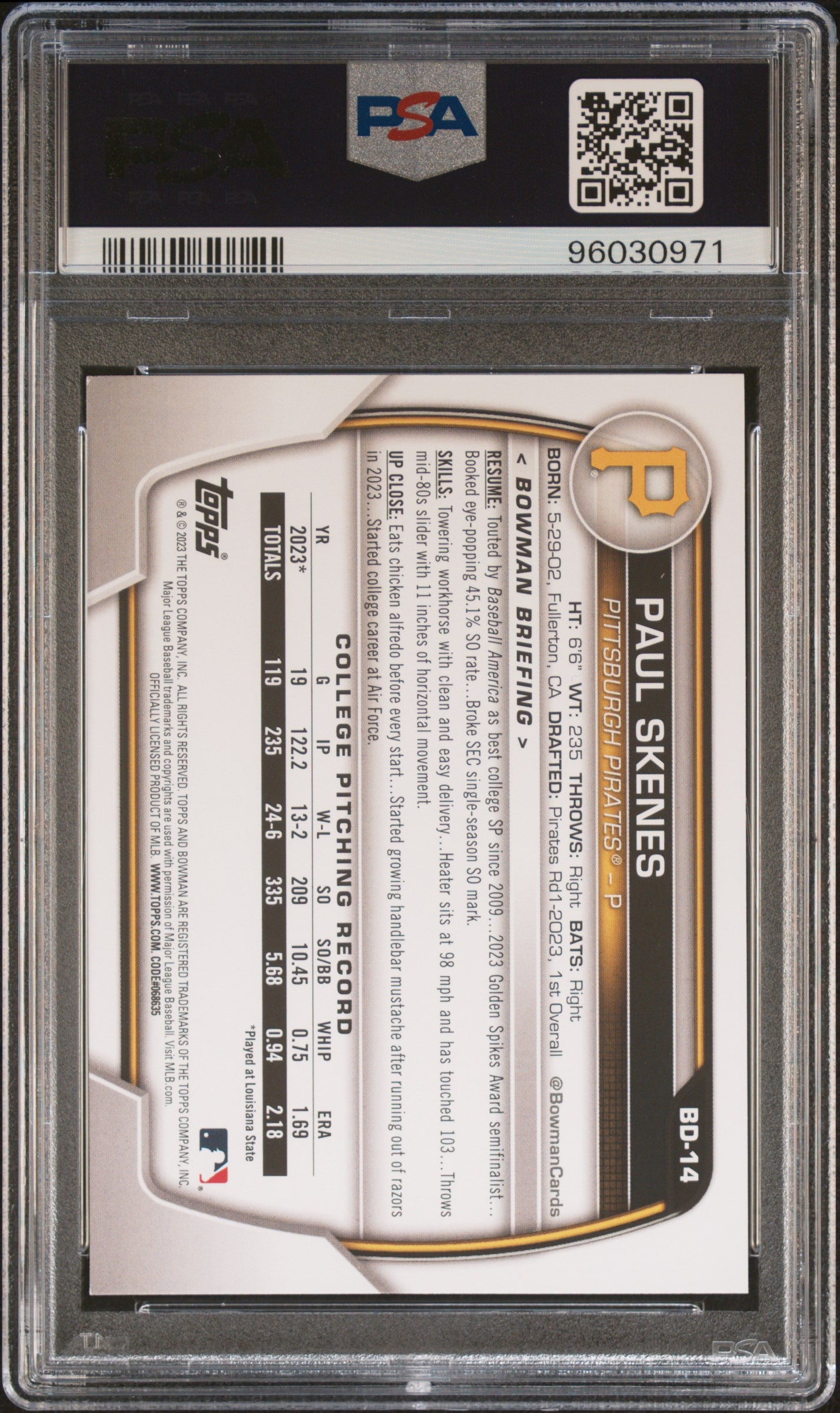 2023 Topps Bowman Draft Paul Skenes #BD14 1st Bowman PSA 10