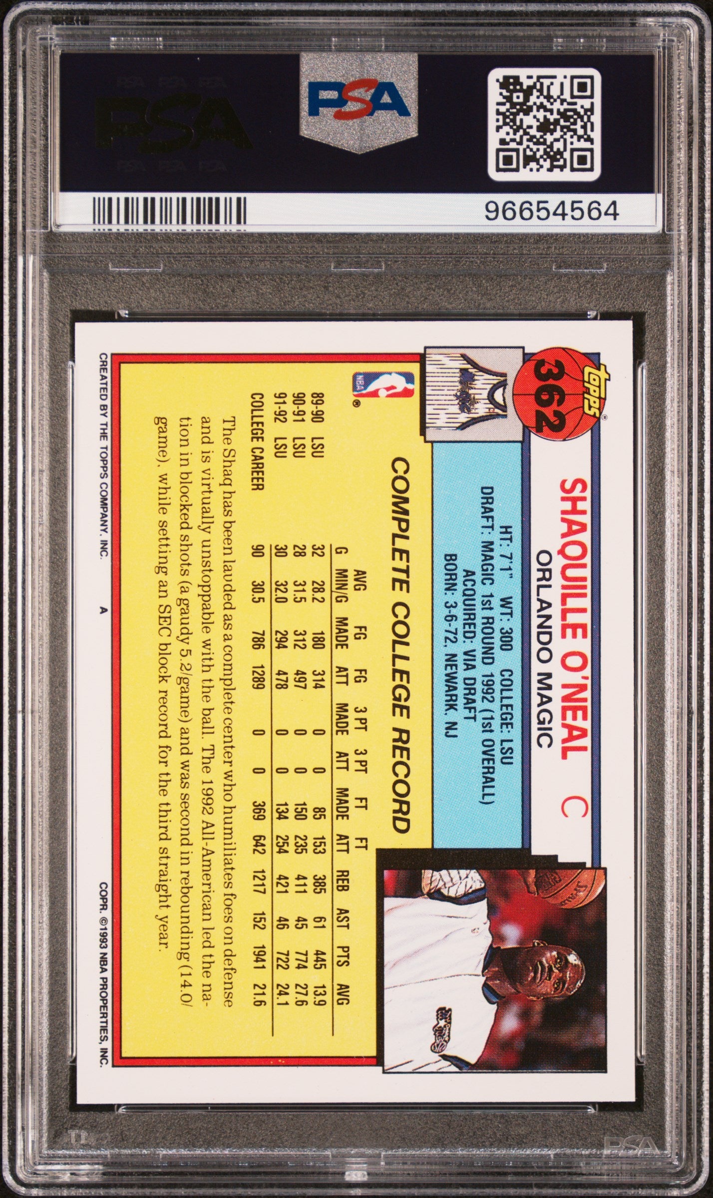 1992 Topps Shaquille O'Neal #362 RC PSA 9