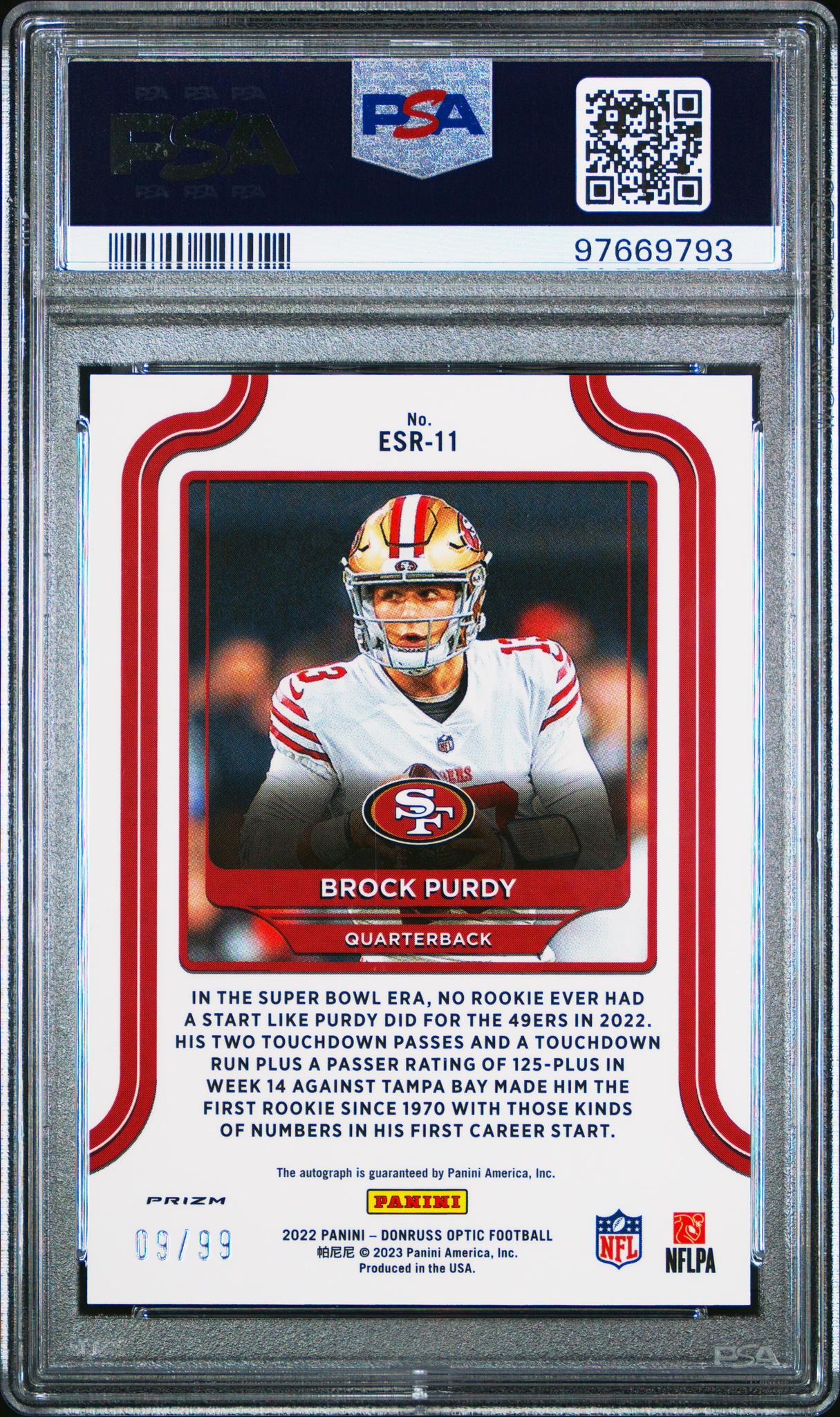 2022 Donruss Optic #ESR-11 Brock Purdy The Elite Series Rookies /99 PSA 10