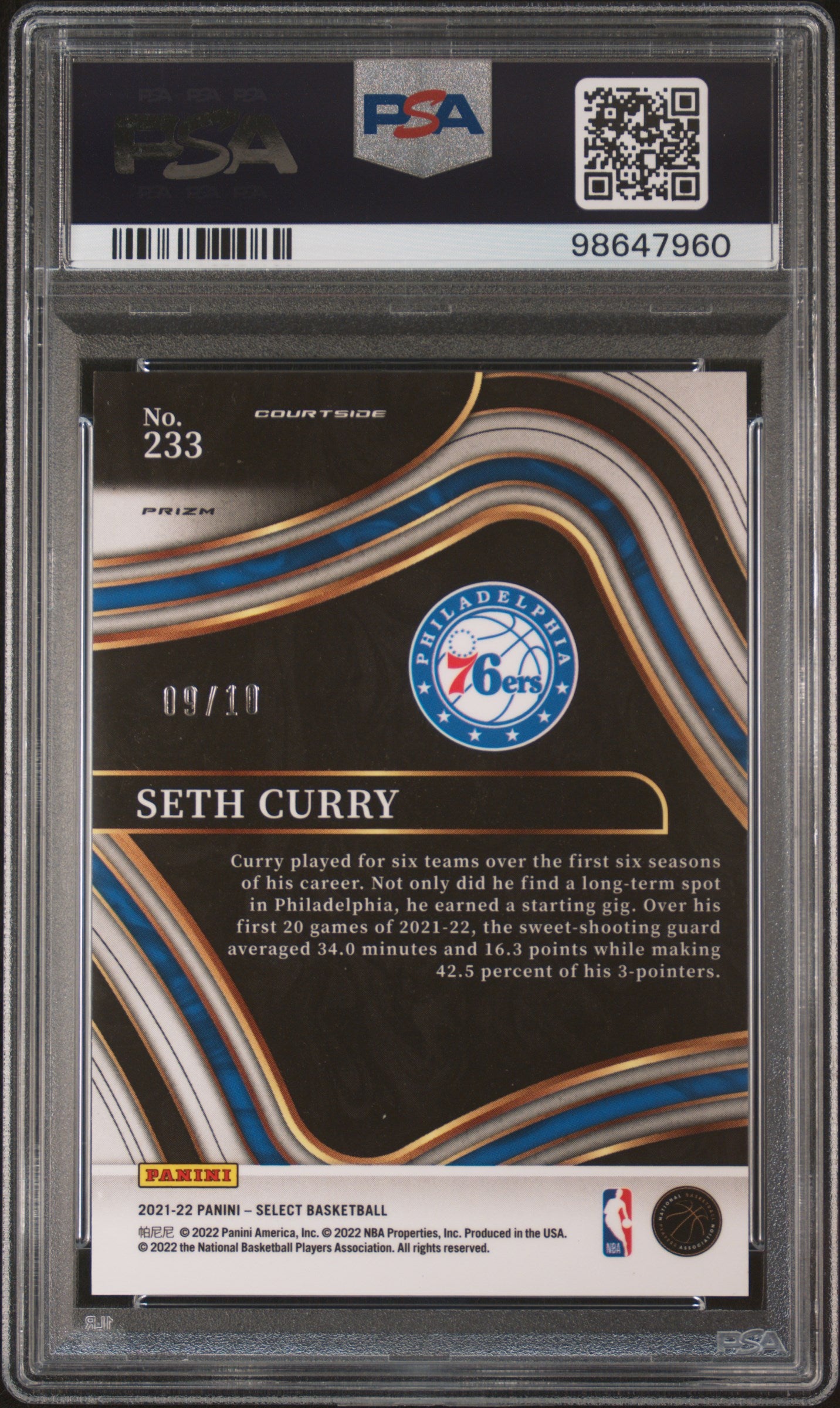 2021 Panini Select Gold Shimmer Prizm Seth Curry #233 Courtside /10 PSA 10