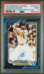 2024 Bowman Chrome Chrome Rookie Autographs Rookie Auto-Blue Refractor Jackson Chourio #CRAJCH /150 PSA 9