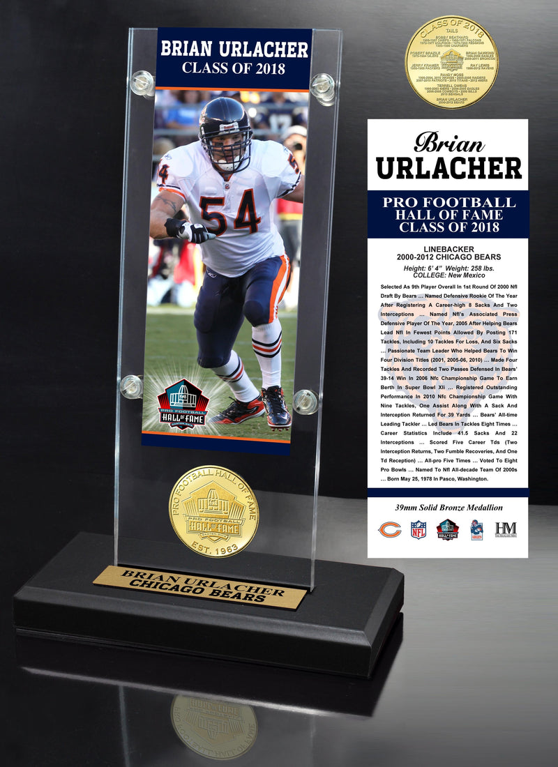 Highland Mint Brian Urlacher 2018 Pro Football HOF Induction Ticket and Bronze Coin Acrylic Desk Top