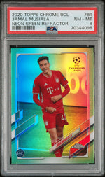 2020 Topps Chrome UEFA Champions League Neon Green Refractor Jamal Musiala #81 /99 PSA 8