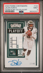 2020 Panini Contenders Team Helmet Variation Playoff Ticket Autograph Jalen Hurts #122B /49 PSA 9