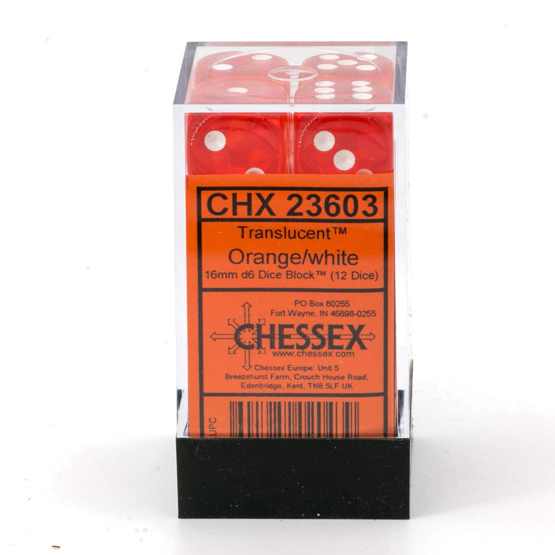Chessex Translucent Orange/White 16mm D6 Dice Block (12 Dice)