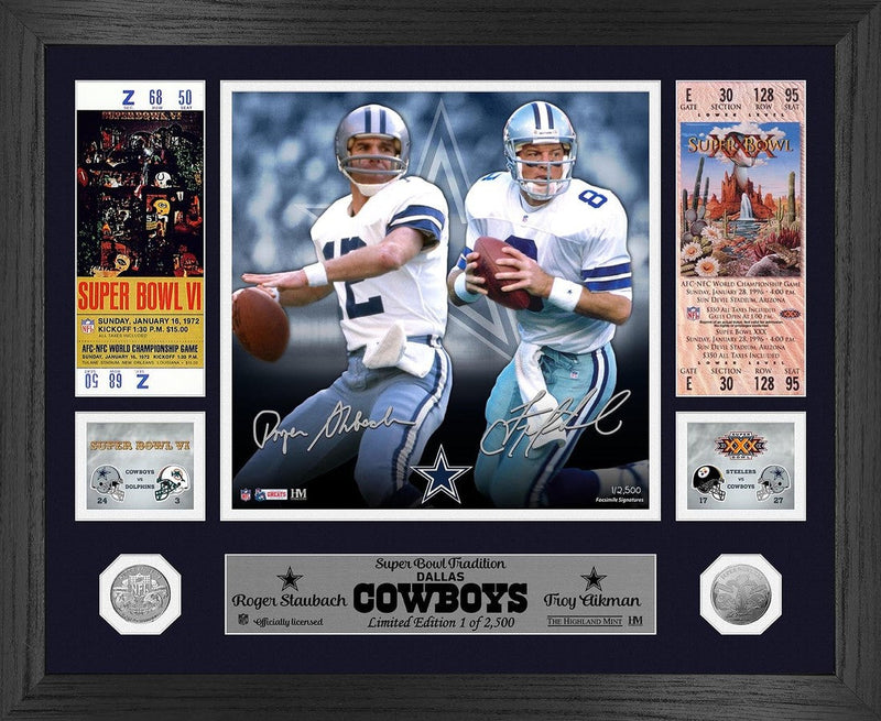 Highland Mint Dallas Cowboys Roger Staubach Troy Aikman Super Bowl Traditions Silver Coin Photo Mint - Limited Edition /