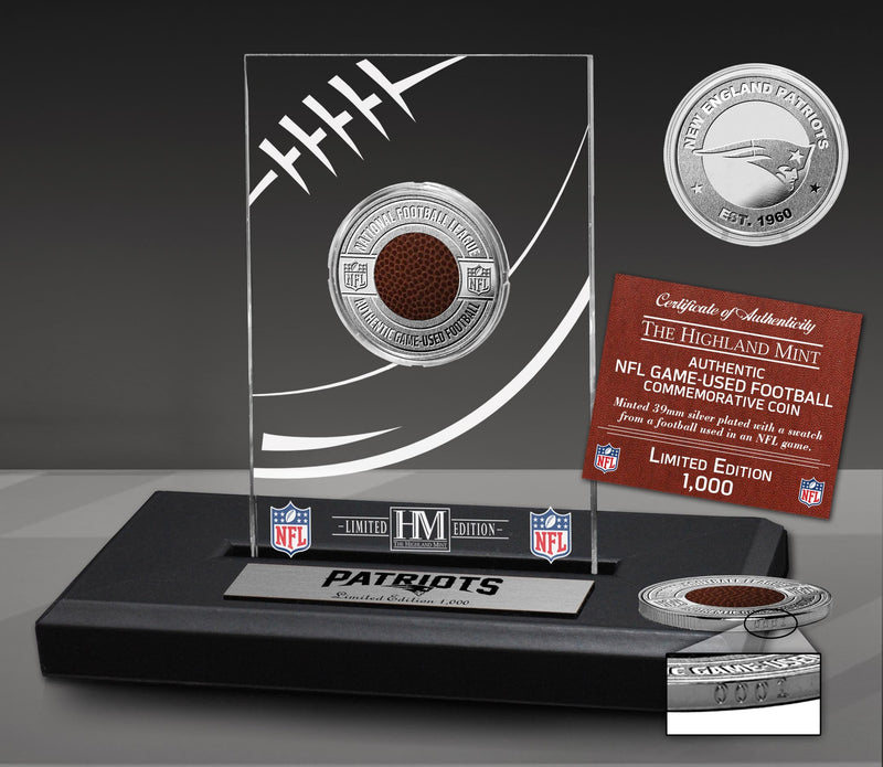 Highland Mint New England Patriots Game Used NFL Football Silver Plated Coin in Acrylic Display - Limited Edition /1,000