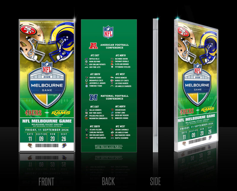 Highland Mint 49ers vs Rams 2026 NFL Melbourne Game Acrylic Ticket