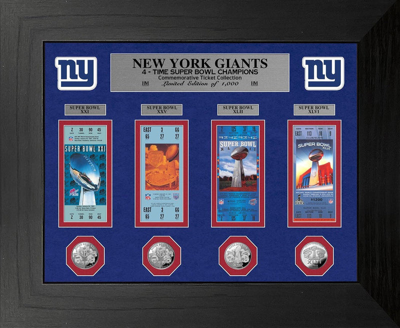 Highland Mint New York Giants 4-Time Super Bowl Ticket and Game Coin Collection Frame - Limited Edition /1,000