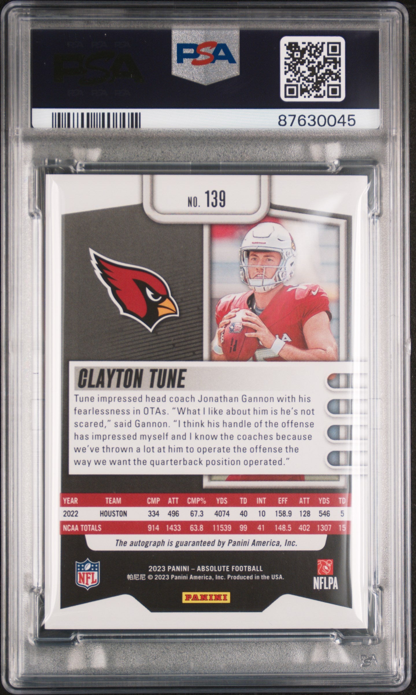 2023 Panini Absolute Orange Spectrum Clayton Tune #139 RC Auto /75 PSA 9
