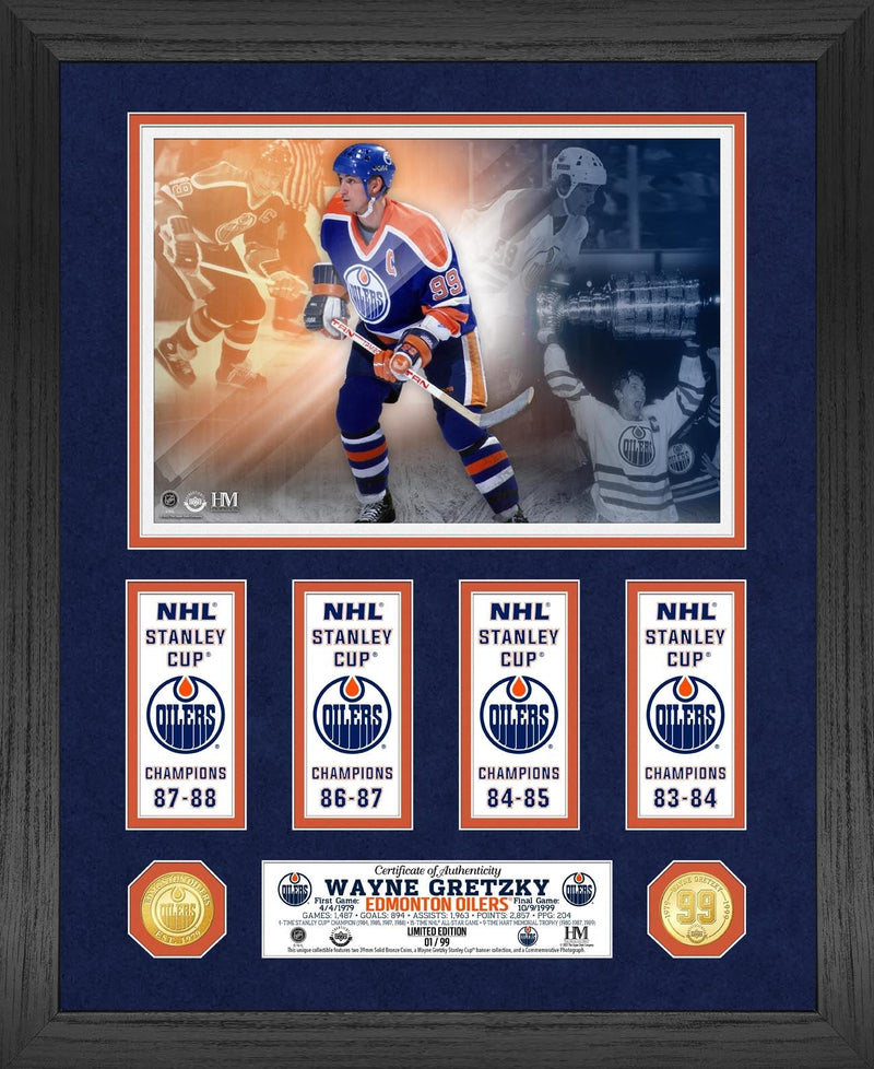 Highland Mint Wayne Gretzky Oilers 4x Stanley Cup Banner Collection Bronze Coin Photo Mint - Limited Edition /999