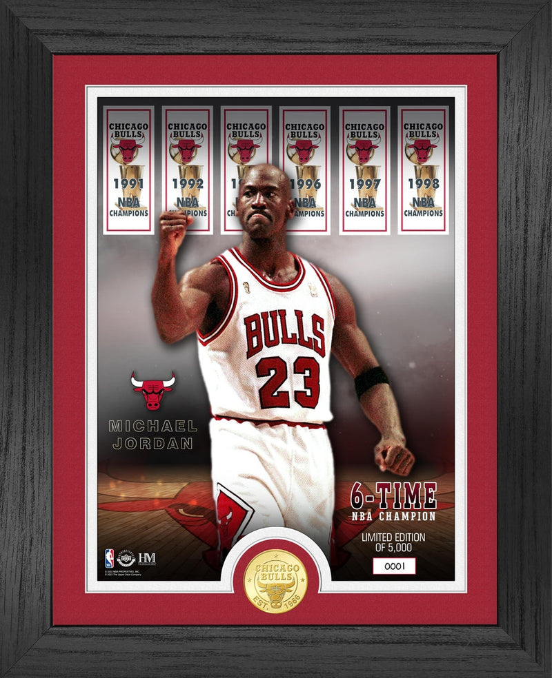 Highland Mint Michael Jordan 6 Time NBA Champ Banners Bronze Coin Photo Mint - Limited Edition /5,000