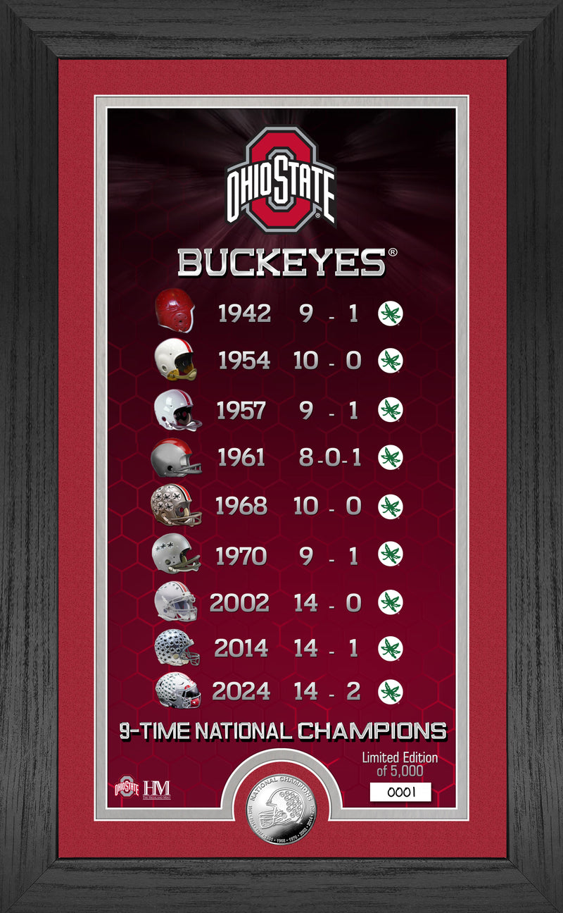 Highland Mint Ohio State Buckeyes 9 Time National Champions Silver Coin Panoramic Frame - Limited Edition /5000