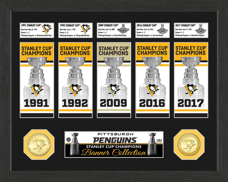 Highland Mint Pittsburgh Penguins 5-Time Stanley Cup Championship Banner Collection - Bronze Coins Framed Display