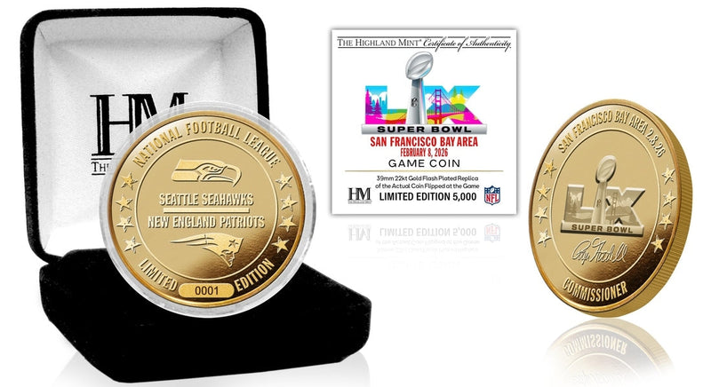 Highland Mint Patriots vs. Seahawks Super Bowl LX 22kt Gold Plated Game Coin - Limited Edition /5,000