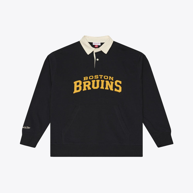 Mitchell & Ness Boston Bruins Black Retro Roots French Terry Fleece Polo Sweatshirt